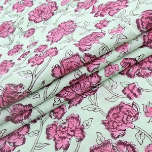 Pink and Green block print floral fabric, 100% linen fabric by the yard, pure cotton block print fabric by the meter