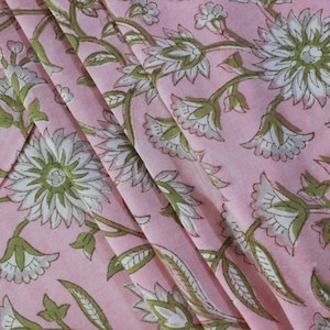 Pink and Green Colour Pure Cotton Hand Block Print Indian Floral Fabric by the Yard, Fabric by the meter