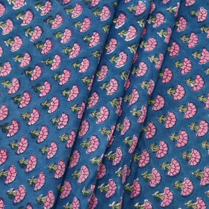 Cotton Floral Hand Block Print Fabric - Pink and Blue Indian Blockprint