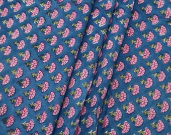Cotton Floral Hand Block Print Fabric - Pink and Blue Indian Blockprint