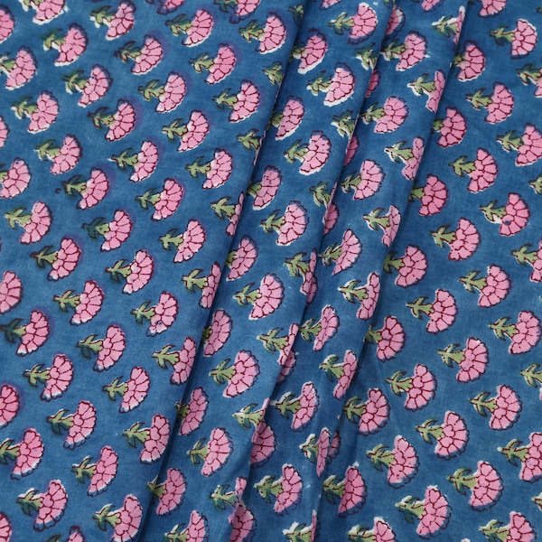 Cotton Floral Hand Block Print Fabric - Pink and Blue Indian Blockprint