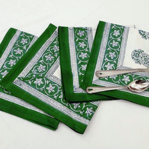Hand Block Print Cotton Napkin: Green & White Floral