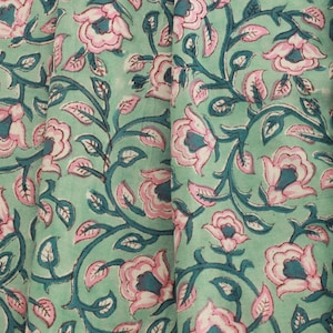 Green and Pink colour block print floral fabric, 100% linen fabric by the yard, pure cotton block print fabric by the meter