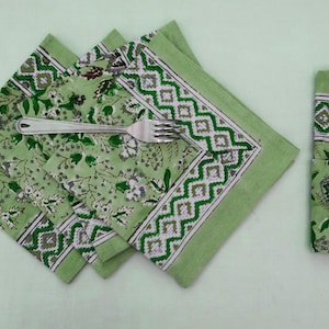 Hand Block Print Cotton Napkin: Green & White Floral