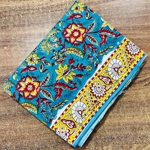 100% pure cotton cloth, mughal print soft cotton fabric, Cotton fabric yard, dress fabric,  handstamped, blue, red & yellow fabric