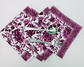 Pink Floral Cotton Napkin: Hand Block Print Dinner Napkin