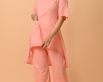 Pure Cotton Hand Dyed Peach Colour Kurti with Pant