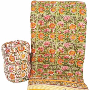 Block Printed Quilted Throw Blanket 100% Cotton Quilt, Cover for Couch and Bed, Sage Lap Bedding Coverlet, Luxury Oversized Quilted Throw