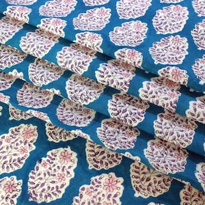Blue Floral Hand Block Print Cotton Fabric - Indian Mughal Design