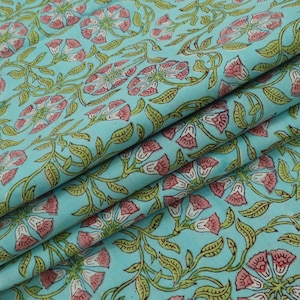 Floral Block Print Linen Fabric: Pink, Green & Blue Mughal Design