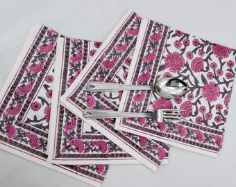 Pink Floral Cotton Napkin: Hand Block Print Dinner Napkins