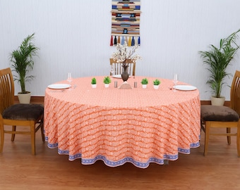 Orange and Blue Hand block print pure cotton fabric round table cover