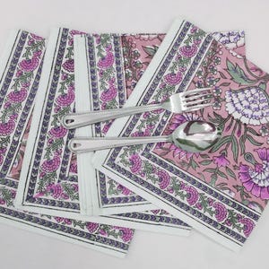 Pink Floral Cotton Napkin: Hand Block Print Dinner Napkins