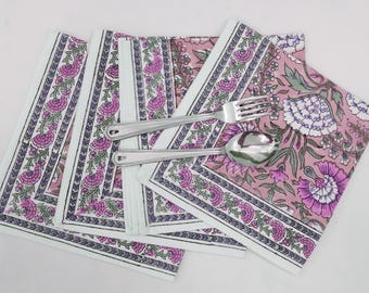 Pink Floral Cotton Napkin: Hand Block Print Dinner Napkins