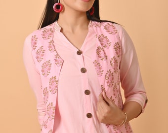 Pure Cotton Light Pink Hand dye Kurta Set with Hand Block Floral Print Jacket