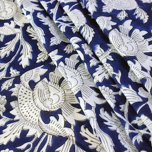 Blue and White Pure Cotton Block Print Fabric by the Yard, fabric by the meter, Indian Wood Block, Handstamped
