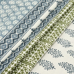 Hand Block Print Cotton Fabric: Blue, Green Floral, Indian Fabric By The Yard