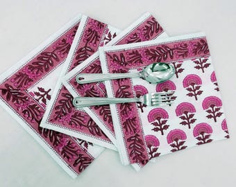 Hand Block Print Cotton Napkin: Pink Floral Dinner Napkin