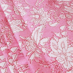 Pink Floral Block Print Cotton Fabric: Hand Stamped Indian Fabric