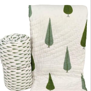 Block Printed Quilted Throw Blanket 100% Cotton Quilt, Cover for Couch and Bed, Sage Lap Bedding Coverlet, Luxury Oversized Quilted Throw