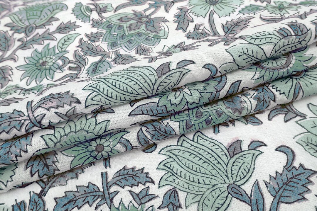 Hand Block Print Cotton Fabric: Green Floral Indian Fabric by the Yard ...