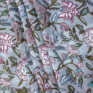 Hand Block Print Cotton Fabric: Blue & Pink Floral Mughal Design