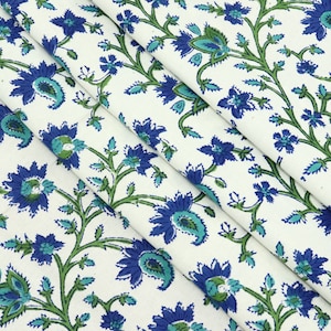 Blue, Green and white Indian Soft Cotton Fabric, 100% cotton, Indian Wood Block Print, Fabric Swatches
