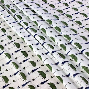 Green, blue and White colour Pure Cotton Block Print Fabric by the yard, Fabric by the meter, handstamped, Indian cotton fabric