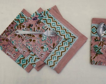 Hand Block Print Cotton Napkin: Pink Floral Dinner Napkin
