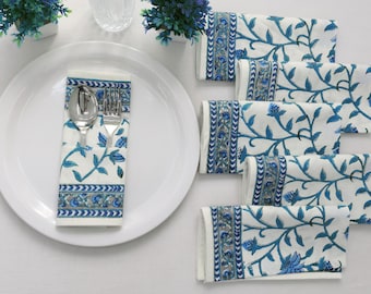 Hand Block Print Cotton Napkins: White & Blue Floral
