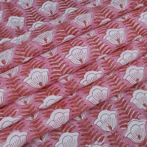 Pink & White Floral Block Print Linen Fabric: Indian Mughal Style