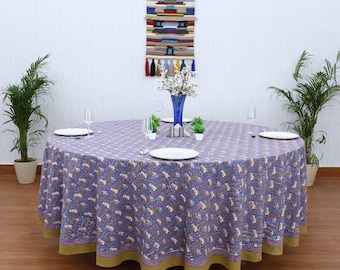 Orange and Blue Pure Cotton Hand Block Floral Print Round Table Cover