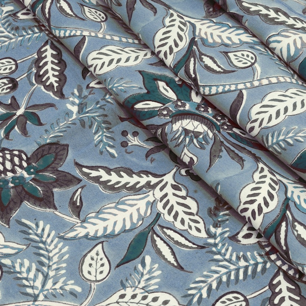 Mughal Floral Print Cotton Fabric: Hand Block-Printed Indian Fabric