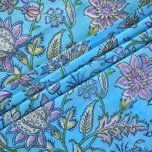 Floral Cotton Fabric: Blue & Pink Hand Block Print, Indian Fabric by the Yard