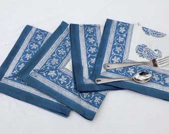 Blue & White Hand Block Print Cotton Napkins: Cocktail, Dinner, Buffet