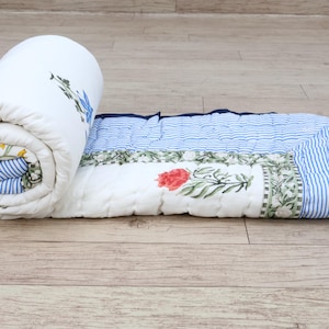 Block Printed Quilted Throw Blanket 100% Cotton Quilt, Cover for Couch and Bed, Sage Lap Bedding Coverlet, Luxury Oversized Quilted Throw
