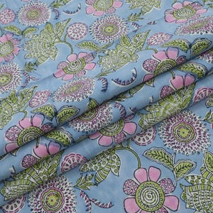 Floral Block Print Linen Fabric: Pink, Green & Blue Mughal Design