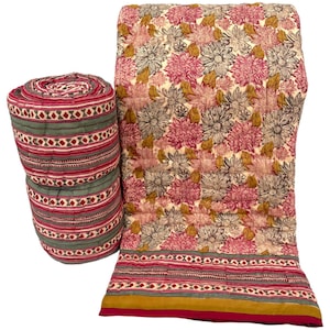 Block Printed Quilted Throw Blanket 100% Cotton Quilt, Cover for Couch and Bed, Sage Lap Bedding Coverlet, Luxury Oversized Quilted Throw