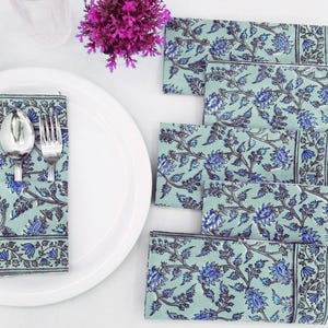Cotton Napkin Set: Green & Blue Hand Block Print, Reusable Cloth