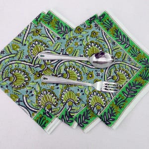 Hand Block Print Cotton Napkin: Green & Blue Floral, Reusable Cloth