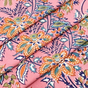 Pink Floral Cotton Fabric: Indian Wood Block Print, Soft Cloth