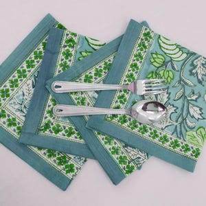Hand Block Print Cotton Napkin: Blue Green Floral Dinner Napkin