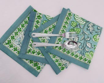 Hand Block Print Floral Berry Napkins – 16"x16" Cotton, Green & Blue, Set Of 4 (India) 4 thumbnail image