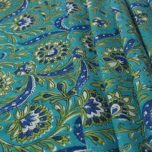 Blue and Green Blockprint Fabric, Pure Cotton Floral Summer Fabric, Fabric by the Yard, Handstamped