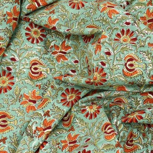 Green and Red Indian Soft Cotton Fabric, 100% pure cotton cloth, Indian Wood Block Print, Floral Print Fabric