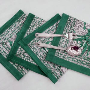 Hand Block Print Cotton Napkin: Green & White Dinner Napkin