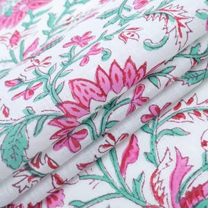 Pink, Green and White colour block print floral fabric, 100% linen fabric by the yard, pure cotton block print fabric by the meter