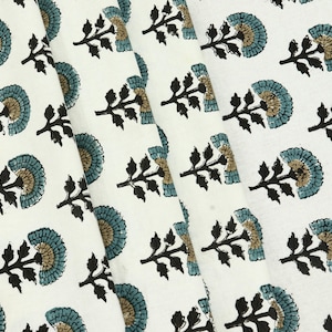 Green and White colour Pure Cotton Block Print Fabric by the Yard, fabric by the meter, Indian Wood Block, Handstamped