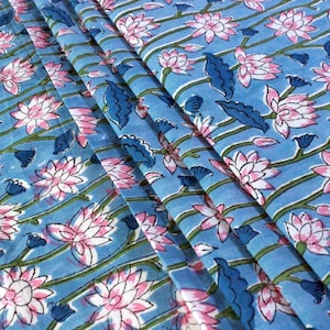 Blue Floral Cotton Fabric: Hand Block Print Indian Fabric by the Yard