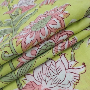 Green and Pink colour block print floral fabric, 100% linen fabric by the yard, pure cotton block print fabric by the meter